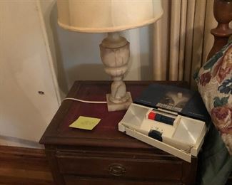 Pair of marble lamps( shades do not match). Pair of leather topped end tables. 18 x16 , 26 high