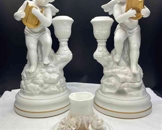  005 Staffordshire Bone China Rose Candlestick. Pair Of Porcelain Cherub Candlesticks Amorini And Pompeii By The Franklin Mint 1987 