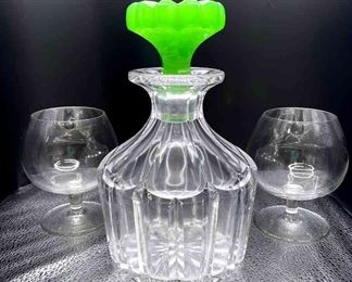 Brandy Decanter With Green Stopper And Glasses