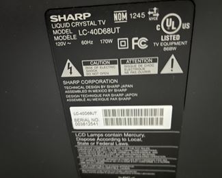 #23	Aquas Sharp TV  Model  LC40D68UT w/remote	 $75.00 																																																																																																																																																																																																																																																																																																																																																																																																																																																																																																																																																																																																																																																																																																																																																																																																																																																																																																																																																																																		