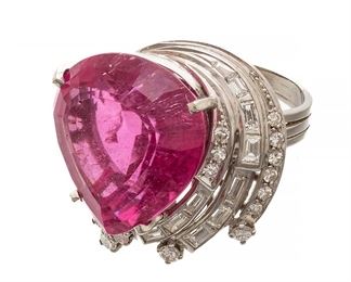 Diamond And Pink Tourmaline Ring, White Gold Size 8 1/2, Ca. 1940, 13.4g
