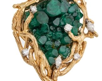 Yellow Gold, Raw Emerald And Diamond Pendant Brooch 55.8g