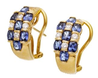 18K Gold, Sapphire And Diamond Earrings 9g 1 Pair