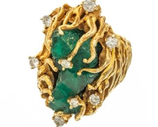 Gold, Natural Emerald And Diamond Ring, Size 5 25.2g