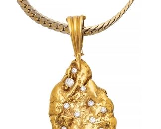 Gold Nugget With Diamonds Pendant L 1.5" 20.3g