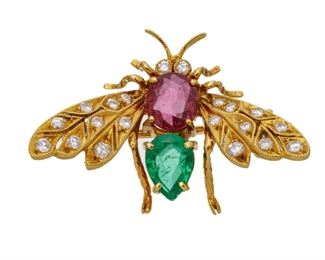 Emerald & Ruby Bee Brooch, 14K Yellow Gold W 1.1" 4.3g