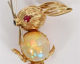 8ct Natural Opal, Ruby, Sapphire And Gold, Bunny Pin, H 1.5" 6.8g