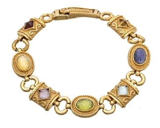 Peridot, Amethyst, Topaz, 14K Gold Link Bracelet L 7" 19.4g