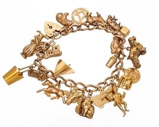 Vintage Gold Charm Bracelet, L 6.5" 58g