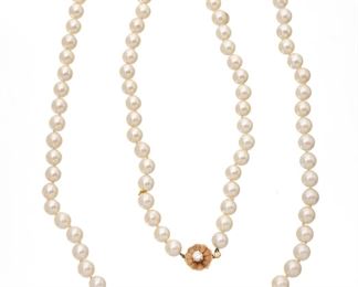 Pearl 9mm. Necklace, 14kt Gold And Diamond Clasp, L 36"