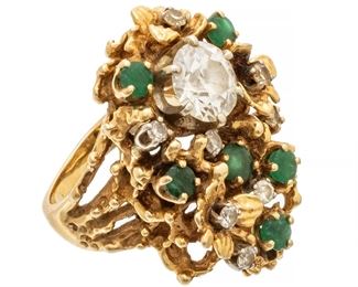 Diamond (2 Ct) And Emerald Ring, Yellow Gold, Size 5 1/4 Ca. 1940, 18.7g