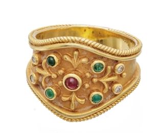 18k Gold, With Emeralds Ring, Size 7 1/4
