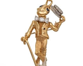24K Yellow Gold With Diamonds Jiminy Cricket With Top Hat, Brooch H 1.5" 8.2g