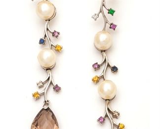 Pendant Style White Gold Earrings With Pearls L 2.5" 8.1g