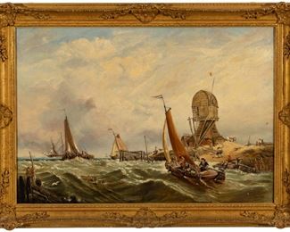 George Chambers Sr. (English, 1803-1840) Oil On Canvas, Harbor Scene, H 26" W 37"