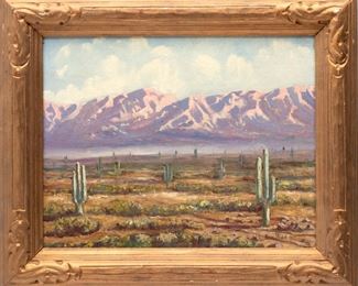 Oscar A. Strobel (American, 1891-1967) Oil On Board, "Sunset On The Arizona Desert", H 14" W 18"