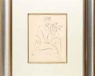 Pablo Picasso (Spanish, 1881-1973) Drypoint On Wove Paper, 1948, Faun Flutist II, From Deux Contes, H 13" W 10"