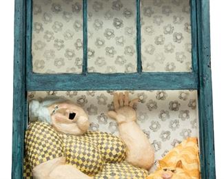 Stephen Hansen (American, B. 1950) Wall Sculpture, 1977, Lady In The Window With Cat, H 40" W 33" Depth 9"