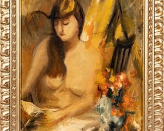 Moses Soyer (American, 1899-1974) Oil On Canvas, Ca. 1962, Nude With Flowers, H 30" W 24"