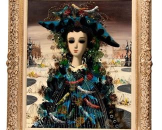 Jean Calogero, 1922 - 2001, French Oil On Canvas "Fille Aux Oiseaux", H 28" W 23"