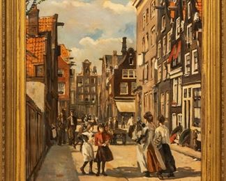 Erasmus Bernard Van Dulmen Krumpelman (Dutch, 1897-1987) Oil On Canvas, 20th C., Amsterdam Street Scene, H 42.5" W 35"