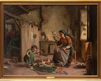 Attributed to Eugenio Zampighi, Copy Of F. Scalini; After Gaetano Chierici (ITALIAN) Oil On Canvas Young Mother's Happiness, H 27.5" W 37"