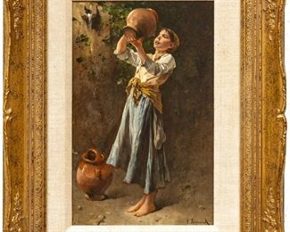 François Reynaud (French, 1825-1909) Oil On Mahogany Panel, Girl Drinking From An Earthenware Jug, H 16" W 10.5"