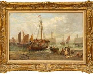John Holland Jr. (British, 1830-1886) Oil On Canvas, Ca. 1880, English Harbor Scene, H 14" W 21"
