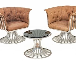 Russell Woodard (American) Aluminum Club Chairs And Side Table, Ca. 1960s, H 28" W 32" Depth 26" 3 pcs