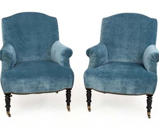 Upholstered & Black Lacquered Lounge Chairs, H 35.5" W 31.5" L 32" 1 Pair