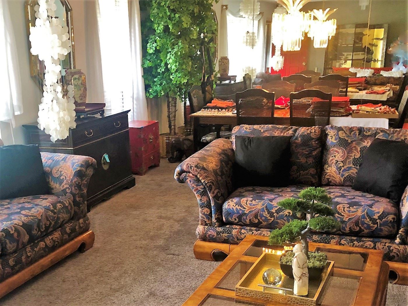 Sofa, loveseat, inlayed burlwood dining table, six chairs