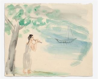 123. NICOLAS AFRICANO "MAGIC FLUTE" (1990 WATERCOLOR)