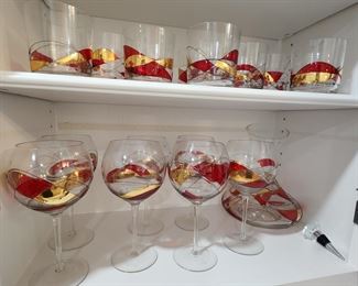 Elegant Hand Painted Decanter, Stemware and Lowball Glasses