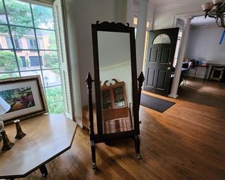 Wood and Iron Octagonal Cocktail Table and Standing Mirror