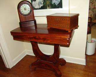 Antique walnut game table and Seth Thomas clock, and antique box