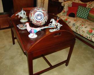 Mahogany Butler’s tray table with Herend figurines, and Imari