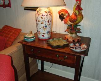 Antique walnut side Table with oriental lamp and metal rooster
