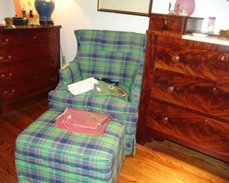 Plaid upholstered chair and ottoman