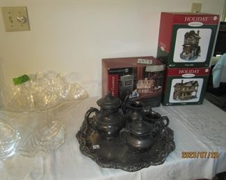 Lucite shell bowl set, and silver plate tea set.