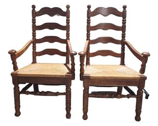 Gorgeous Pair of Shaker Style Ladder Back Captains Chairs with Rush Seats