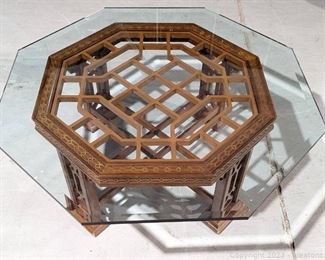 Ornately Carved Octagon Coffee Table with Thick Beveled Glass