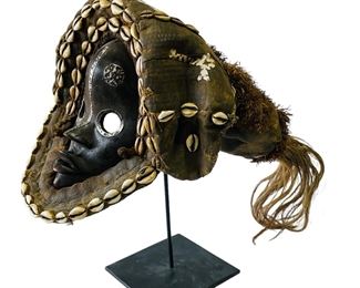Old Dan Carved Wood Cowrie Shell Mask on Stand African Tribal Art