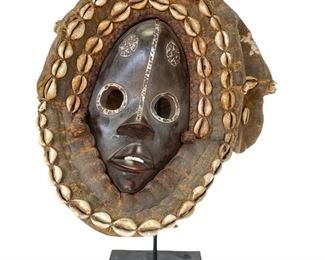 Old Dan Carved Wood Cowrie Shell Mask on Stand African Tribal Art