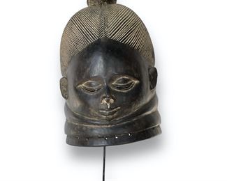 Old Mende Sowei Carved Wood Helmet Mask on Stand African Tribal Art