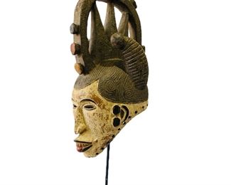 Igbo Carved Painted Wood Mask on Stand African Tribal Art