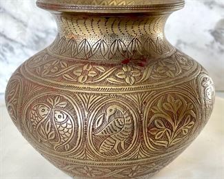 Fine Pigment Incised Indian Brass Round Pot Vase