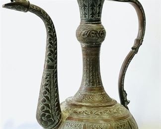 Fine Antique Persian Incised Copper Ewer Pitcher w/Figural Bird Handle