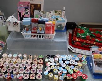 Craft fabric, sewing and quilting thread, blanket binding, buttons, etc.