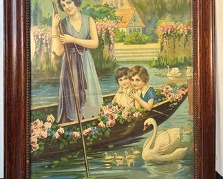 20 X 17 Framed Antique Woman In Boat With Children. Perhaps Original Used As Advertisement 