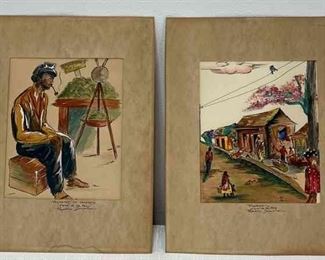 Vintage Original Watercolor And Paintings By Ilda Kelly Of Dominican Republic Pueblecito And Venedor De Aquacaye